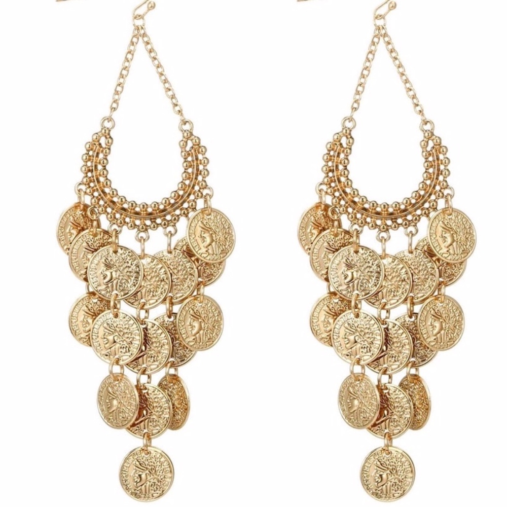 Gold Tone Metal Coin Tassel Earrings